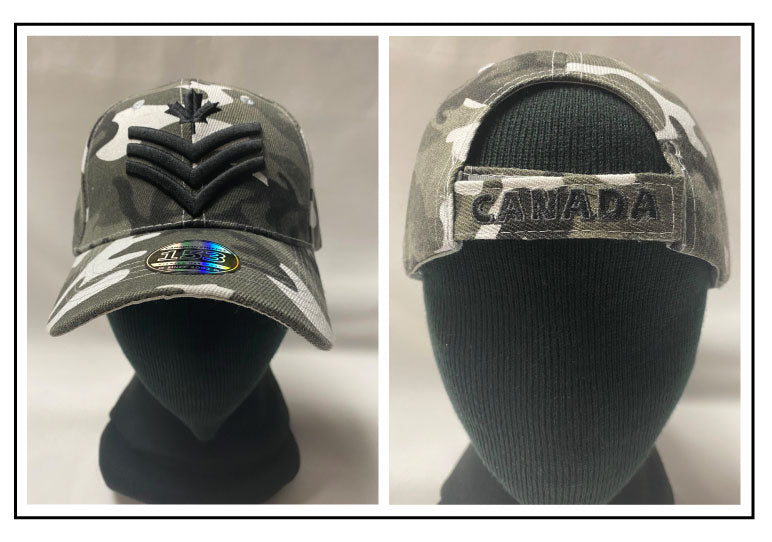 ARMY CREST Cap Black embroidery on camouflage cap, Canada on back strap
