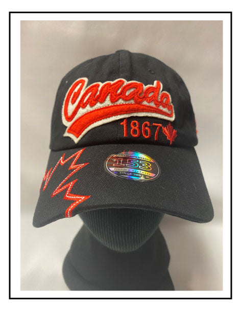 1867 CANADA red felt letter with embroidery on black cap, with leaf brim front (LIMITED QUANTIES)