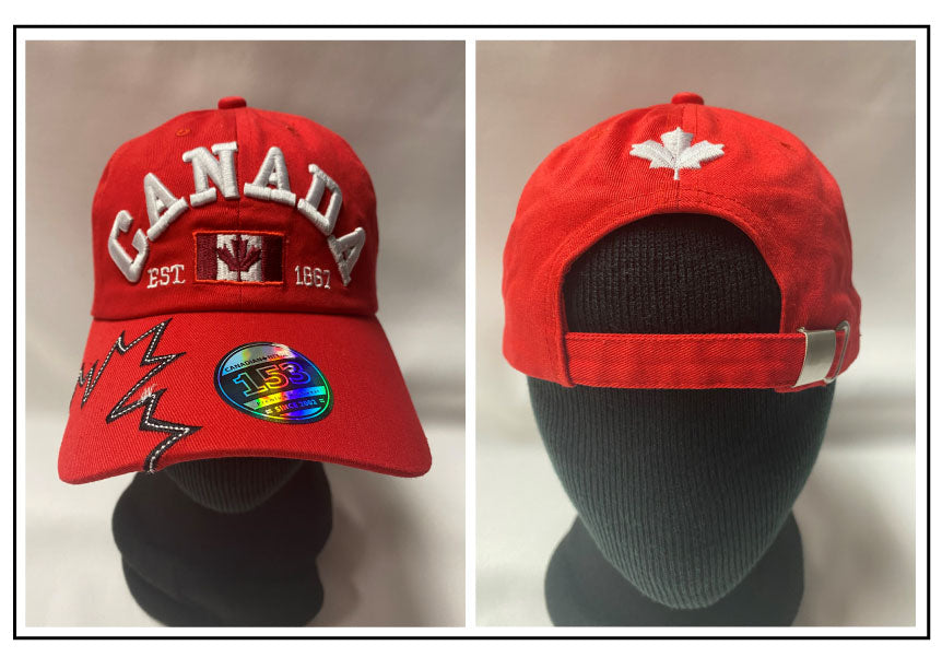 1867 CANADA CAP: red cap, white embroidered letters, leaf brim & white leaf on back (LIMITED QUANTITES)
