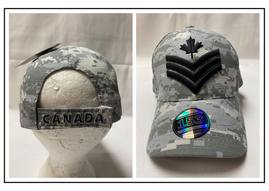 BALL CAP: light grey camouflage ARMY stripes with Maple Leaf with black embroidery