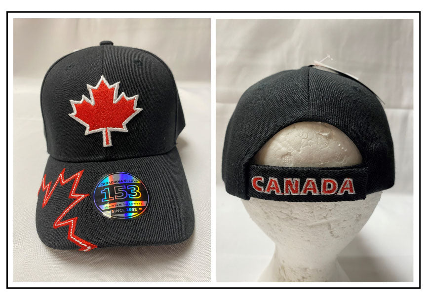 BALL CAP: CANADA MAPLE LEAF red/white line embroidery on black cap, with brim leaf