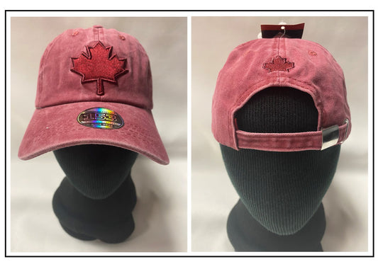 MAPLE LEAF CAP: Burgundy Red embroidery on faded red