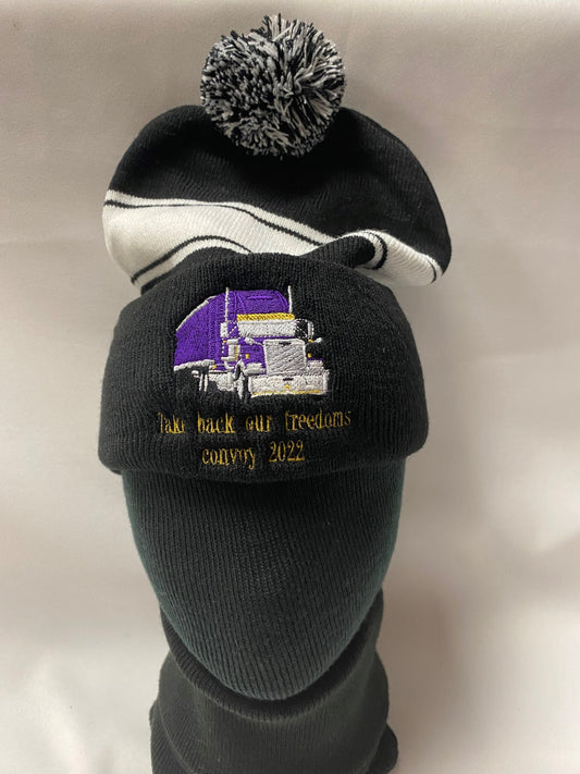 TRUCKER TOQUE multiple colors with white stripe and pom pom: "Take back our freedoms convoy 2022"