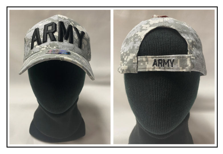 ARMY CREST with black embroidered letters on digital camouflage light grey cap