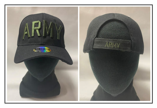 ARMY LETTERS with hunter green embroidery on black cap
