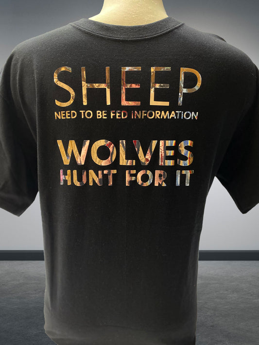 SHEEP & WOLF series on black T-shirt with Silver lettering